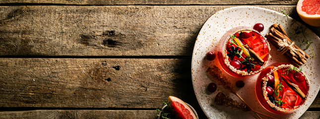 Thanksgiving cocktail - cranberry, cimmanon, grapefruit punch copy space