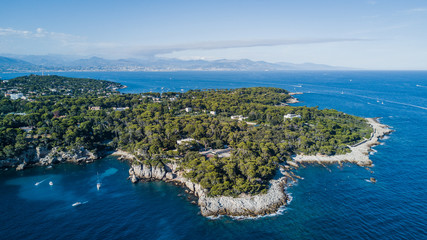 Aerial drone shot of cap d'Antibe in summer, near Nice, cote d'azur, South France