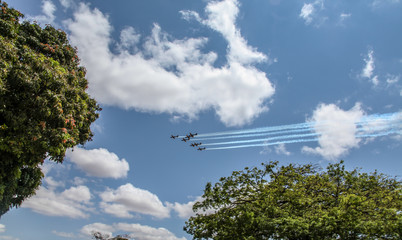Brasilia, October 29, 2019: FAB, Brazilian Air Force, Smoke Squad, in the sky of the Brazilian capital, maneuvers and stunts in celebration of Brazil's Independence Day - September 7