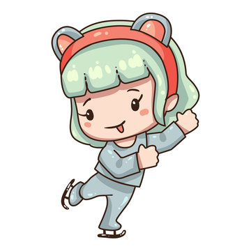 Vector illustration of cute cartoon girl. Kawaii chibi character isolated on white background. Cartoon girl in mouse costume for new year 2020. Ice skating girl.ЯЯЯ_shablon