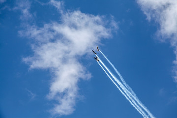 Brasilia, October 29, 2019: FAB, Brazilian Air Force, Smoke Squad, in the sky of the Brazilian capital, maneuvers and stunts in celebration of Brazil's Independence Day - September 7