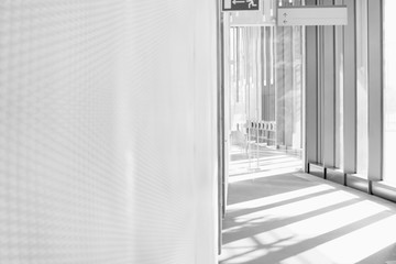 Black and white photo of empty office hall