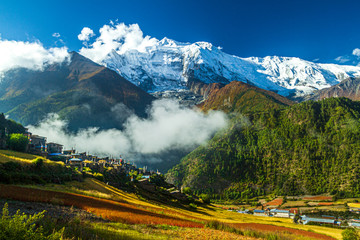 Upper Pisang in late October, when buckwheat is ripened. Annapurna Himalayas, Nepal
