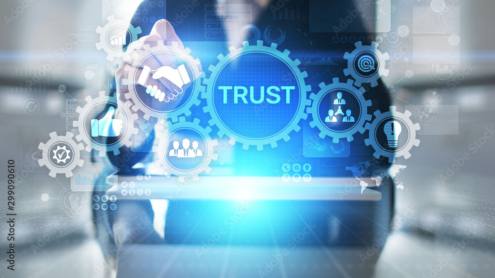 Poster trust customer relations reliability business concept. pointing and pressing on virtual screen.