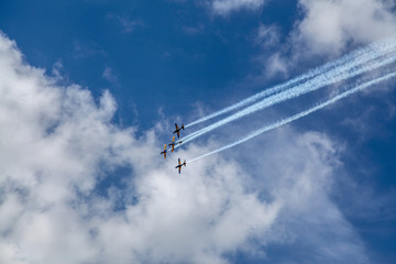 Brasilia, October 29, 2019: FAB, Brazilian Air Force, Smoke Squadron, in the sky of the Brazilian capital, a stunt show and commemorative maneuvers of Brazil Independence Day - September 7