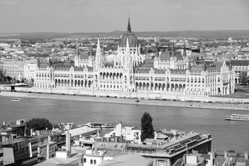 Budapest Danube river and Parliament. Black and white retro style.