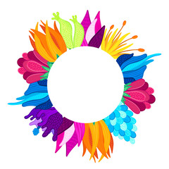 Frame with beautiful colorful flowers. Speckled petals. Hand-drawn plants. Floral arrangement. Composition for design of card, wedding invitation, poster, flyer, print on clothes, banner. Vector