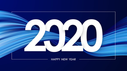 Happy New Year 2020. Greeting card with colorful twisted paint stroke shape. Trendy design