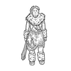 Primitive caveman human sketch engraving vector illustration. T-shirt apparel print design. Scratch board style imitation. Black and white hand drawn image.