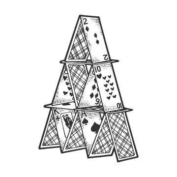Card tower house of cards sketch sketch engraving vector illustration. Scratch board style imitation. Black and white hand drawn image.