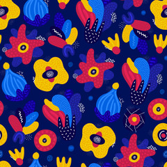 Vector seamless pattern. Abstract hand drawn flowers with different textures. Floral composition. Freehand style. Artistic design for wallpaper, textiles, wrapping, card, print on clothes, packaging