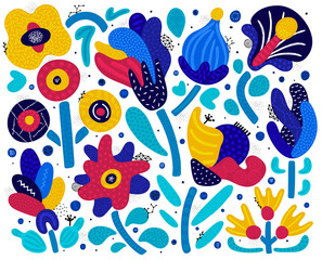 Vector set of abstract hand drawn flowers with different textures. Floral composition. Freehand style. Artistic design for card, packaging, home decor, invitation, banner, cover, stickers, label