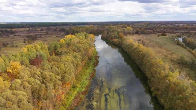 Aerial view of the Beautiful River Landscape in Ukraine. Moving camera forward subject.
