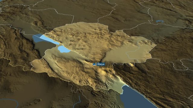 Mbeya - region of Tanzania with its capital zoomed on the physical map of the globe. Animation 3D