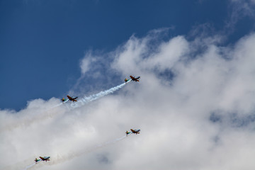 Brasilia, October 29, 2019: FAB, Brazilian Air Force, Smoke Squadron, in the sky of the Brazilian capital, a stunt show and commemorative maneuvers of Brazil Independence Day - September 7