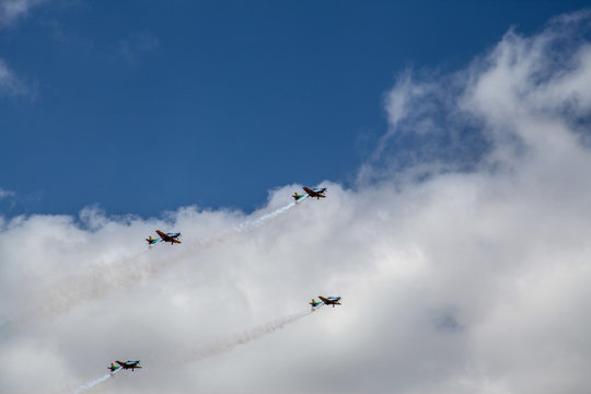 Brasilia, October 29, 2019: FAB, Brazilian Air Force, Smoke Squadron, in the sky of the Brazilian capital, a stunt show and commemorative maneuvers of Brazil Independence Day - September 7