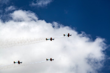 Brasilia, October 29, 2019: FAB, Brazilian Air Force, Smoke Squadron, in the sky of the Brazilian capital, a stunt show and commemorative maneuvers of Brazil Independence Day - September 7