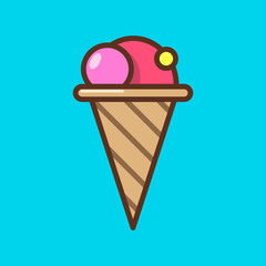 Fototapeta na wymiar Pink bubblegum ice cream in a light brown waffle cone. minimalistic food icons for shop,cafe or restaurant