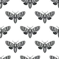Obraz na płótnie Canvas seamless pattern deaths head hawk moth vector illustration isolated on white. hand drawn tattoo style. Black and white vector art.