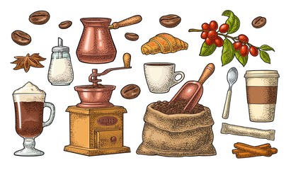 Set coffee. Sugar, beans, spoon, glass latte. Vintage vector engraving © MoreVector