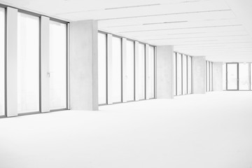 Black and white photo of empty office hall