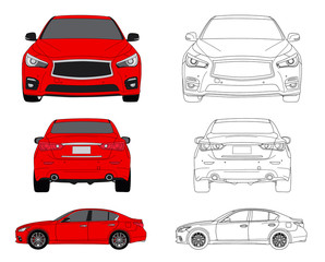 Modern Car in Japanese style Concept from Front, rear and side in red color and line art. Illustration isolated on white background