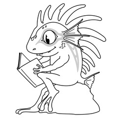 Fish monster sitting on a stone and reading book. Illustration line art blank on white background for coloring book for kids.