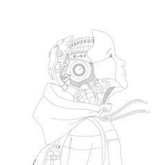 Robot boy with jacket and backpack looking upwards. isolated line art illustration on flat white background. for coloring book