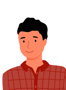 Man in checkered shirt face portrait closeup. Brunette guy, online assistant or worker isolated business consultant. Handsome guy on picture. Vector illustration in flat cartoon style