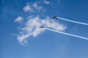 Brasilia, October 29, 2019: FAB, Brazilian Air Force, Smoke Squadron, in the sky of the Brazilian capital, a stunt show and commemorative maneuvers of Brazil Independence Day - September 7