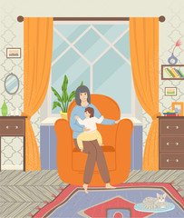 Mother with kid vector, mom and son sitting in armchair. Room with drawers and curtains on window, shelves with vase and flowers, mirror on wall. Vector illustration in flat cartoon style