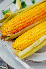 Traditional summer food. Baked corn cobs with spices.