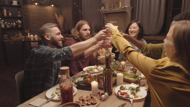 Handheld tracking shot of group of happy people smiling and clanking glasses at dinner party in cozy home