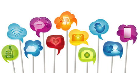 Concept social media isolated application icons. Community. Global networking. Share information. App Symbols Digital interface. Multimedia Speech bubble