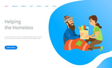 Helping to homeless, woman volunteer giving products to beggar man, charity online for vagabond, poor people, social volunteering, share vector. Website or slider app, landing page flat style