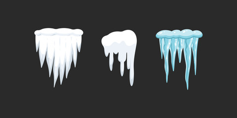 Vector set of icicles in cartoon style. Snow and ice vector frames, snowcap and snowdrift.