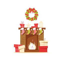Classic brick fireplace with Christmas socks, gifts and a wreath on a neutral background. New year vector illustration in flat style for web banner, greeting card or tags