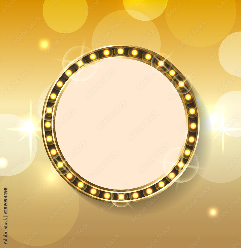 Poster empty banner with space for text vector, frame isolated on bokeh background. luxury gold style of fr