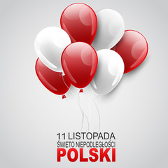 Święto Niepodległości Polski 11 listopada (in Polish) - Poland Independence Day 11 November. Holiday celebration banner or poster. Red and white balloons national flag colors. Vector illustration.