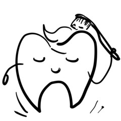 Icon tooth with eyes and mouth. kawaii. Brushing himself with a toothbrush. Hand-drawn