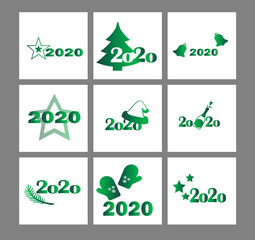 New year green gradient icons. New 2020 year. Collection of stylish christmas icons