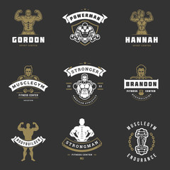 Fitness center and sport gym logos and badges design set vector illustration.