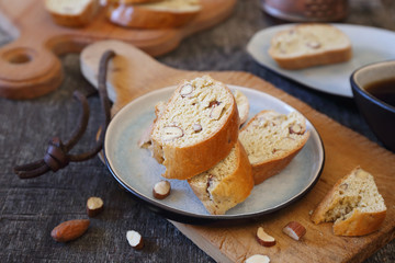 Italian biscuits: almonds biscotti and cup of coffee
