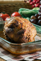 Baked pork ham in a casserole dish