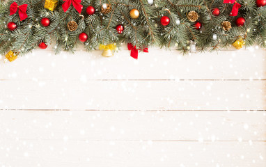 Christmas white wooden background with fir tree. View with copy space. Blue spruce