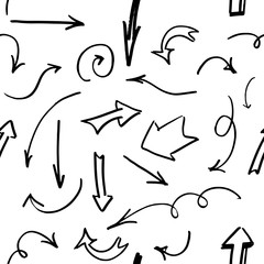 Seamless background of hand drawn arrows. Vector pattern, black doodle elements on white.