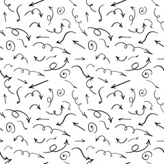 Seamless background of hand drawn arrows. Vector pattern, black doodle elements on white.