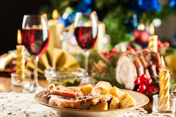 Traditional italian porchetta on festive table