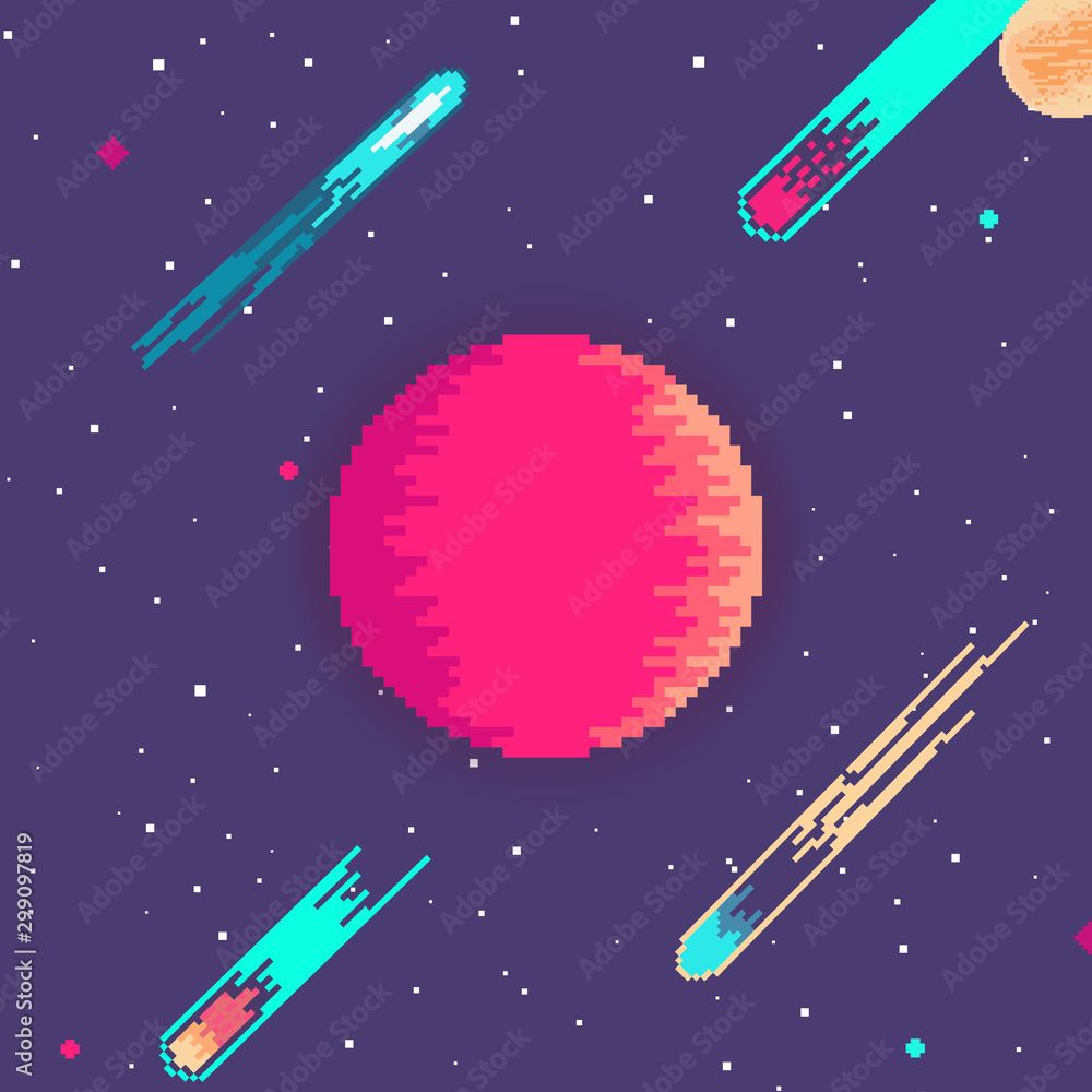 Poster planet in space. retro game design interface. retro computer stars for template or design element wi