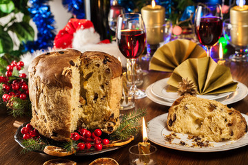 Christmas panettone cake with raisins and fruits